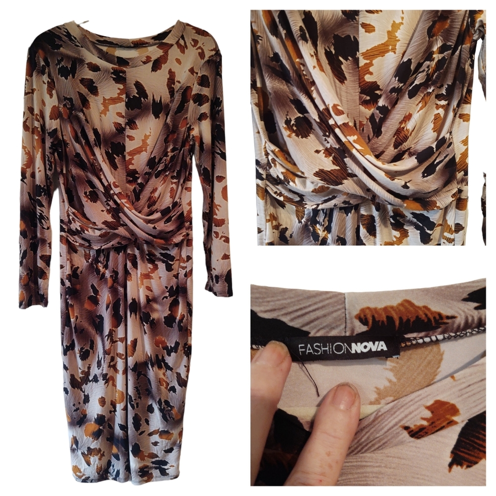 Fall colors dress, neutrals brown, tan, cream, by Fashion Nova.
